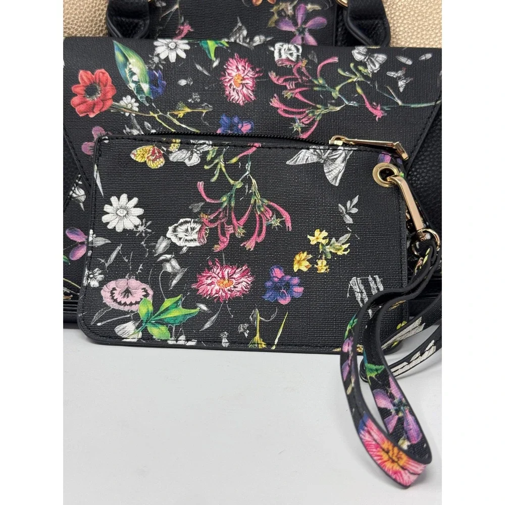 Dasein Floral Butterfly Satchel Handbag 3 Piece Set Black Gold Metallic Vegan